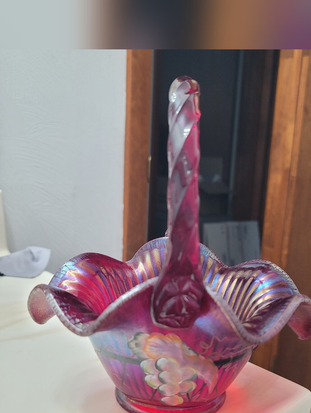 Fenton Iridescent Ruby Amberina Stretch Glass Basket Limited Edition 2003.